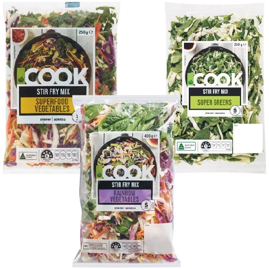 Woolworths COOK Stir Fry Rainbow Vegetables 400g, COOK Stir Fry Superfood Vegetables 250g or COOK Stir Fry Super Greens 250g Pack