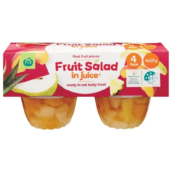 Woolworths Fruit Salad In Juice Cups 500g Pk 4