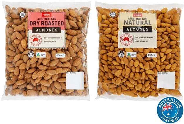 Coles Australian Dry Roasted or Natural Almonds 750g Pack