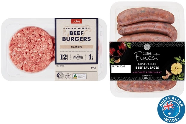 Coles Finest Sausages 450g-500g or Coles Classic Burgers 400g-500g