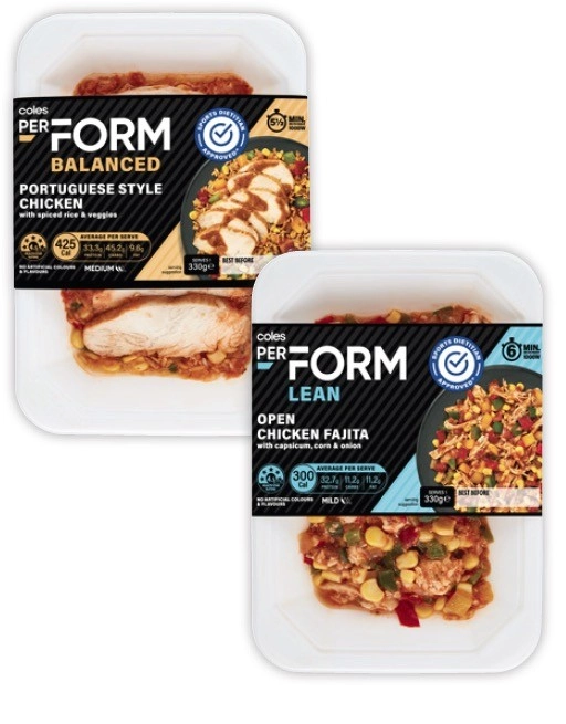 Coles Perform Frozen Meals 330g-340g