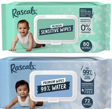 Rascals Premium Baby Wipes Sensitive 80 Pack or 99% Water 72 Pack