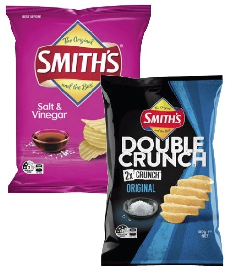 Smith's Crinkle Cut or Double Crunch Potato Chips 150g-170g