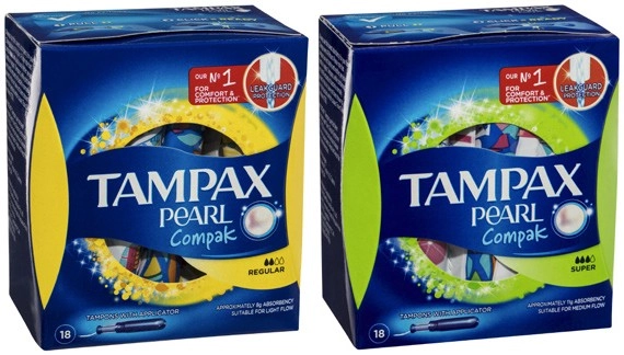 Tampax Pearl Compak Regular Tampon or Super Tampon with Applicator 18 Pack