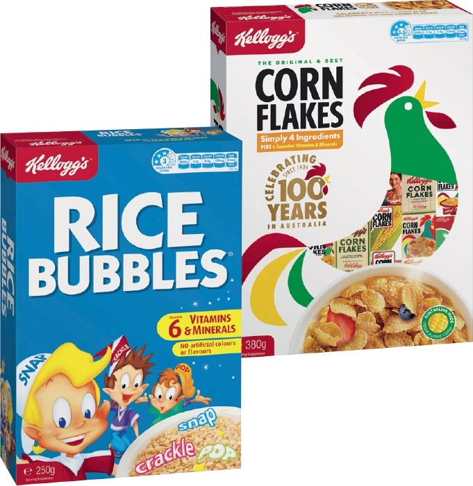 Kellogg’s Corn Flakes 380g or Rice Bubbles 250g