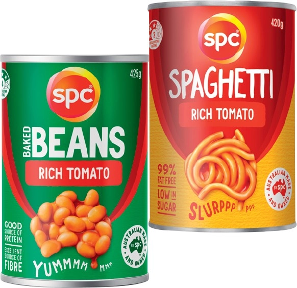 SPC Baked Beans or Spaghetti 420-425g Selected Varieties