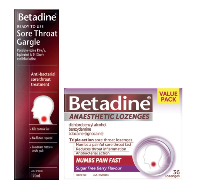 Betadine Ready To Use Sore Throat Gargle 120ml or Anaesthetic Berry Flavour 36 Lozenges