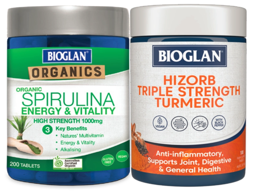 Bioglan Organic Spirulina 200 Tablets or HiZorb Triple Strength Turmeric 100 Tablets