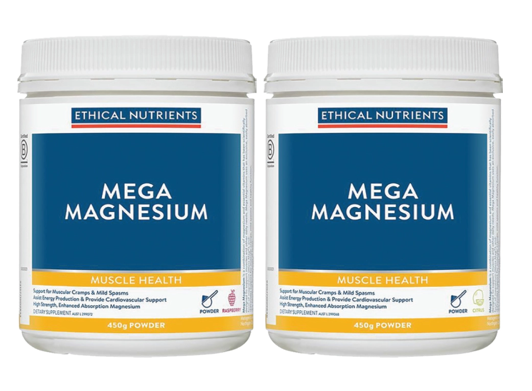 Ethical Nutrients Mega Magnesium Powder Raspberry or Citrus Flavour 450g Powder