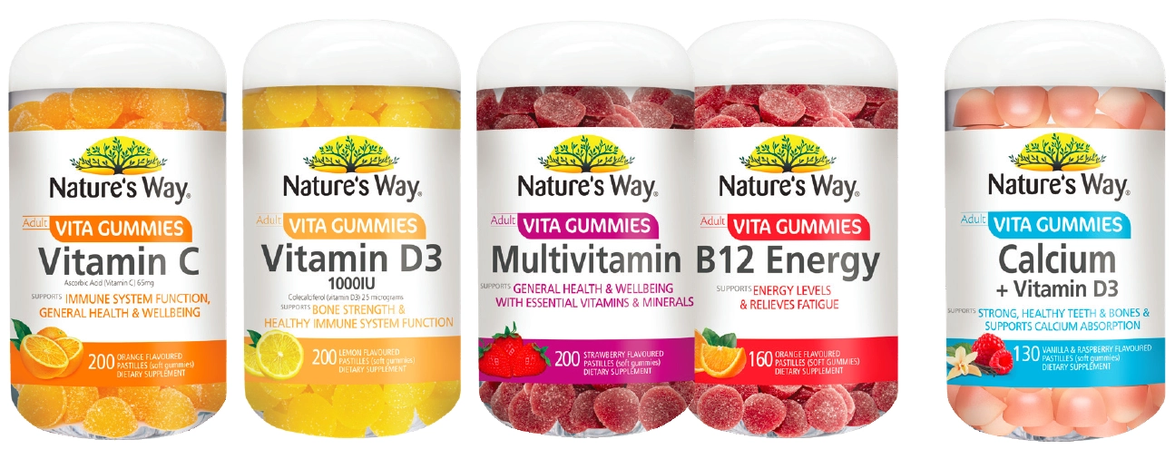 Nature's Way Adult Vita Gummies Vitamin C 200 Pastilles, Vitamin D3 200 Pastilles, Multivitamin 200 Pastilles, B12 Energy 160 Pastilles or Calcium + Vitamin D3 130 Pastilles