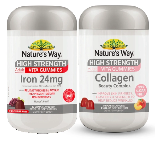 Nature’s Way High Strength Adult Vita Gummies Iron 24mg 30 or Collagen 50 Pastilles