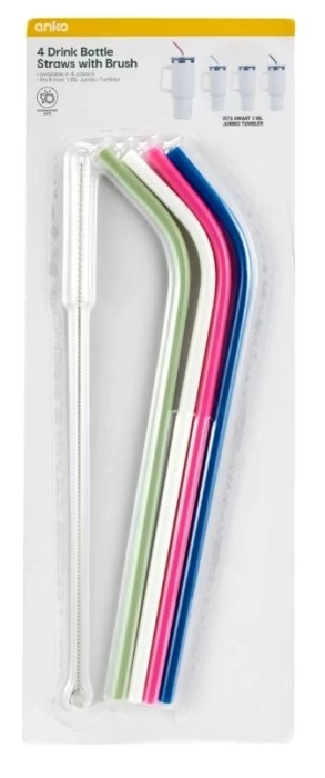 NEW 4 Drink Bottle Straws with Brush - Bent