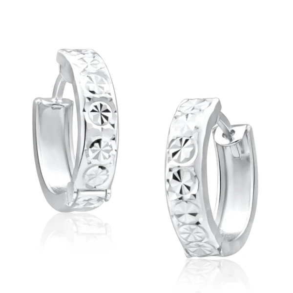 9ct White Gold 10mm Huggie Hoop Earrings with diamond cutting features – Shiels Jewellers