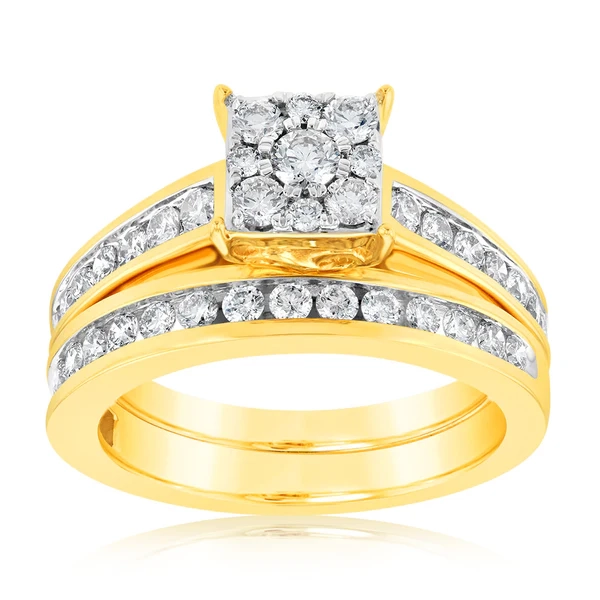 9ct Yellow Gold 1 Carat Diamond Bridal Set Ring with Halo Setting – Shiels Jewellers