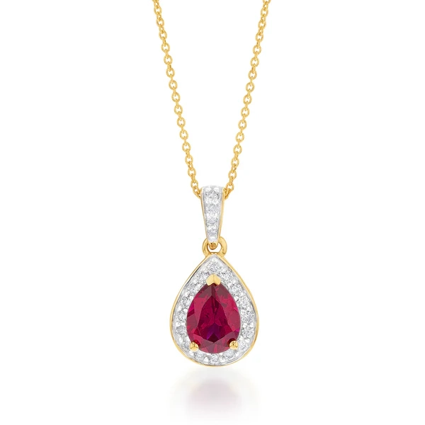 9ct Yellow Gold 7x5mm Created Ruby and Diamond Pear Halo Pendant on 45 – Shiels Jewellers