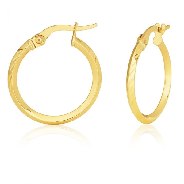 9ct Yellow Gold Diamond Cut 15mm Hoop Earrings – Shiels Jewellers