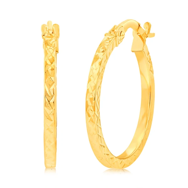 9ct Yellow Gold Diamond Cut 15mm Hoop Earrings – Shiels Jewellers