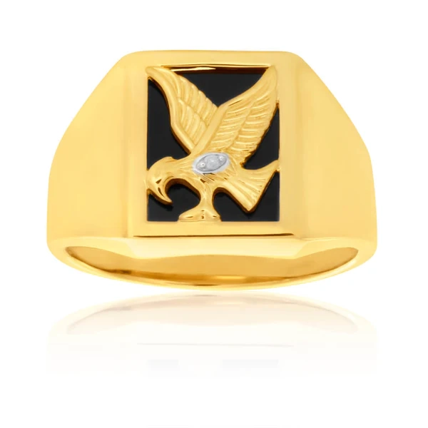 9ct Yellow Gold Eagle Gents Ring with Onyx and Diamond – Shiels Jewellers