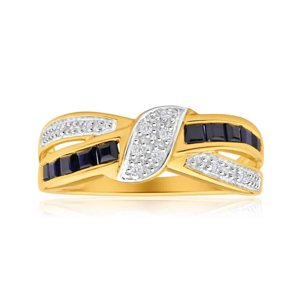 9ct Yellow Gold Natural Sapphire + Diamond Crossover Ring – Shiels Jewellers