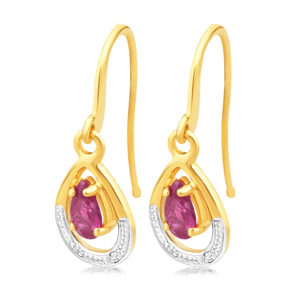 Created Pear Cut Ruby & Small Diamond Drop Earrings in 9ct Yellow gold – Shiels Jewellers