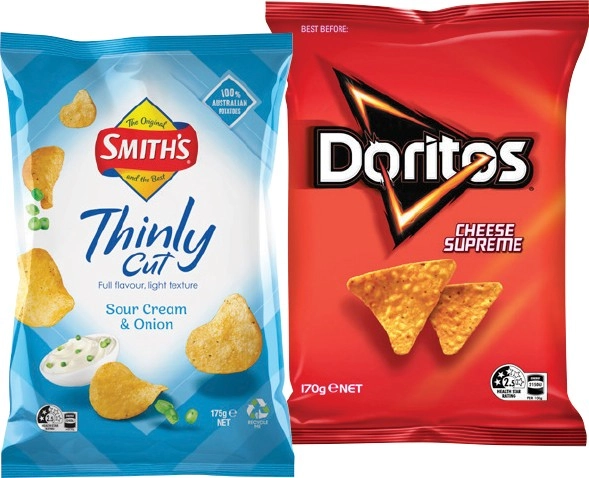 Smith's Thinly Cut Chips, Doritos Corn Chips, Twisties, Cheetos or Burger Rings 125-270g Selected Varieties