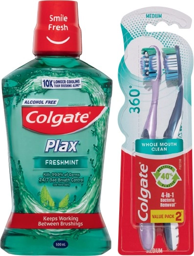 Colgate Plax or Total Plaque Release Mouthwash 500mL, 360° Toothbrush 2 Pack, Toothpaste 100-200g, Total Dental Floss 100m or Interdental Brushes 8 Pack Selected Varieties*