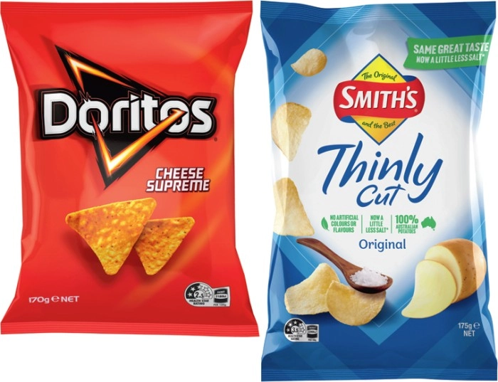 Doritos Corn Chips, Smith’s Thinly Cut Chips, Twisties, Cheetos, Burger Rings or Tasty Toobs 125-270g Selected Varieties