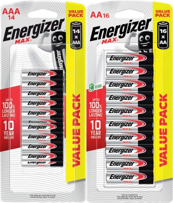 Energizer Max Batteries AA 16 Pack or AAA 14 Pack