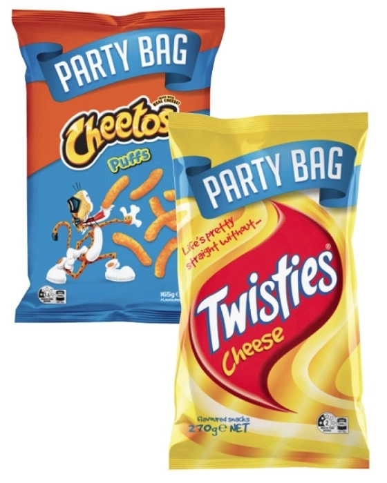 Burger Rings, Twisties, Cheetos or Toobs Snack Party Size Bag 150g-270g