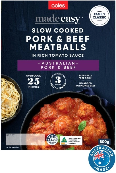 Coles Made Easy Family Classic Slow Cooked Pork & Beef Meatballs in Tomato Sauce 800g