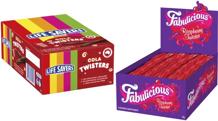 Fabulicious Raspberry Twisters 1kg or Life Savers Cola Twisters 1kg