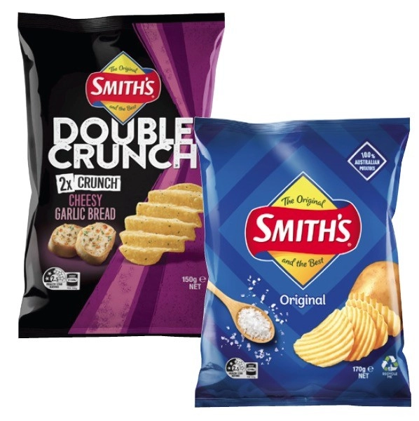 Smith's Crinkle Cut or Double Crunch Potato Chips 150g-170g