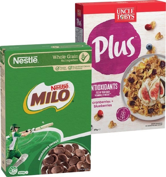 Uncle Tobys Plus or Nestlé Milo Cereal 535-705g Selected Varieties