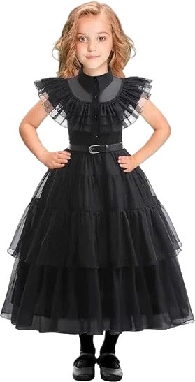 Black Ruffled Dress Costume with Belt Ages 3-12 Yrs