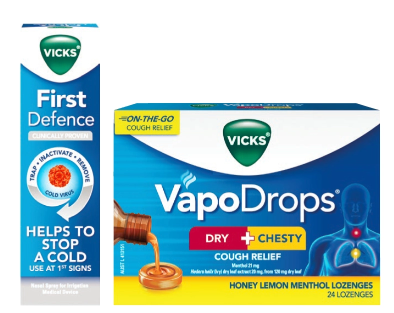 Vicks First Defence Nasal Spray 15ml or VapoDrops Dry + Chesty Cough Relief 24 Lozenges