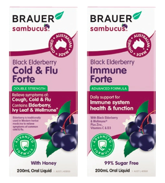 Brauer Sambucus Black Elderberry Adult Cold & Flu Forte or Immune Forte 200ml