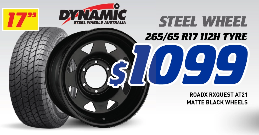 17" 4 Wheel & 4 Tyre Packages - Dynamic Steel Wheels RoadX Rxquest AT21