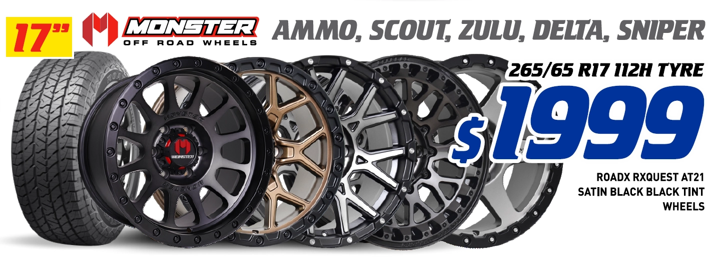 17" 4 Wheel & 4 Tyre Packages - Monster Ammo, Scout, Zulu, Delta, Sniper RoadX Rxquest AT21