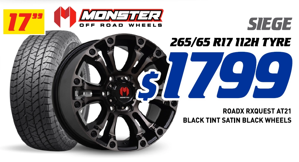 17" 4 Wheel & 4 Tyre Packages - Monster Siege RoadX Rxquest AT21