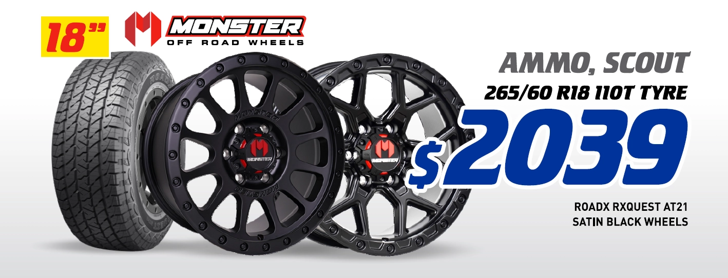 18" 4 Wheel & 4 Tyre Packages - Monster Ammo & Scout RoadX Rxquest AT21