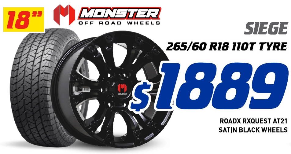 18" 4 Wheel & 4 Tyre Packages - Monster Siege RoadX Rxquest AT21