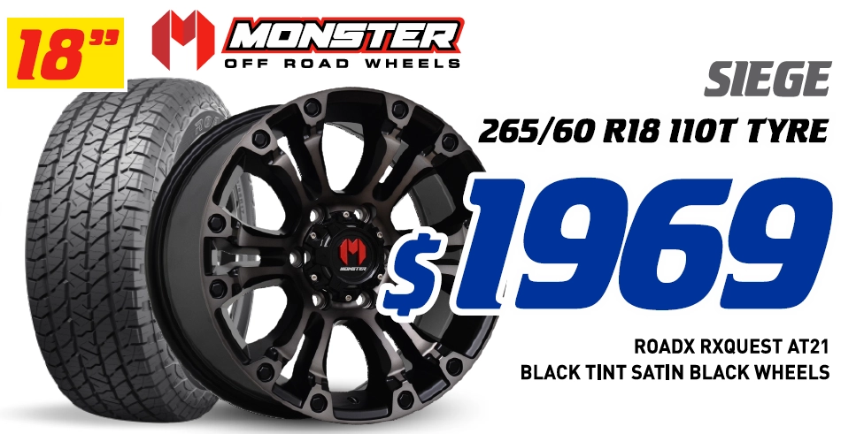 18" 4 Wheel & 4 Tyre Packages - Monster Siege RoadX Rxquest AT21