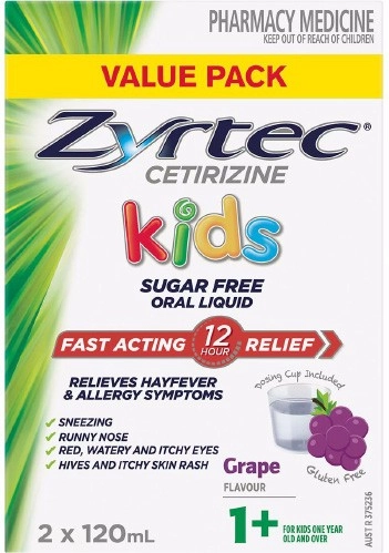 Zyrtec Kids Fast Acting Allergy & Hayfever Relief Grape Flavour Oral Liquid 2 X 120ml