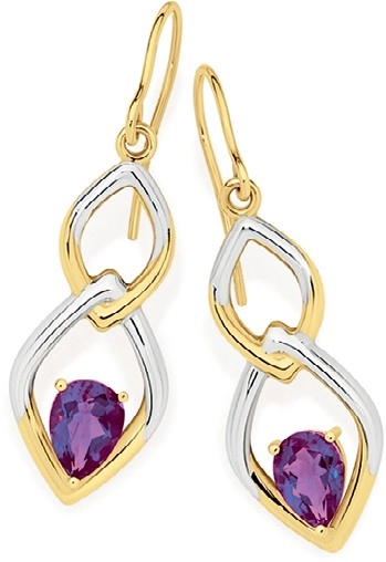 9ct Gold 2 Tone Amethyst Hollow Hook Earrings