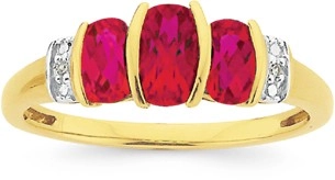 9ct Gold Created Ruby & Diamond Cushion Trilogy Ring