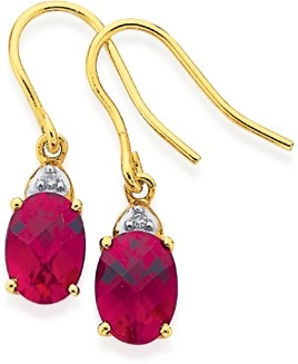 9ct Gold Created Ruby & Diamond Drop Earrings