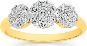 9ct Gold Diamond Cluster Trilogy Ring