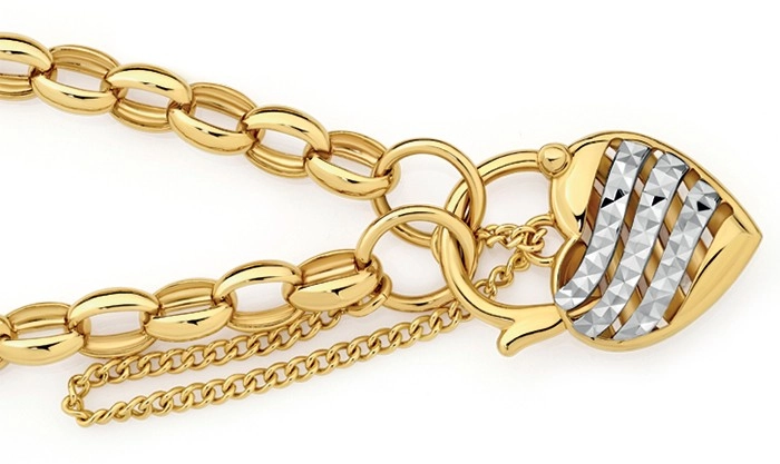 9ct Gold Two Tone 19cm Solid Diamond-Cut Wave Padlock Bracelet