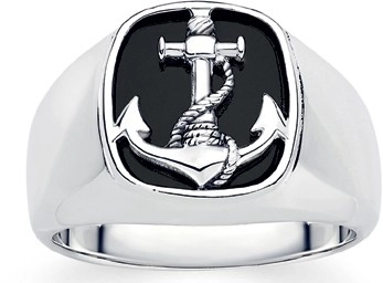 Sterling Silver Black Agate Anchor Gents Ring