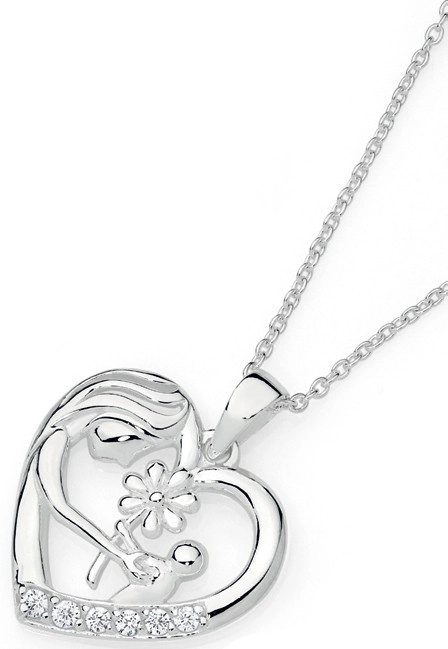 Sterling Silver Cubic Zirconia Mother & Child Flower Heart Pendant Heart